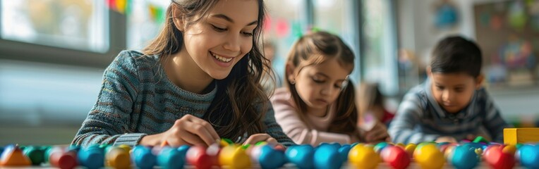 Playful Learning: Preschool Teacher and Children Engaging with Colorful Wooden Didactic Toys at Kindergarten - obrazy, fototapety, plakaty