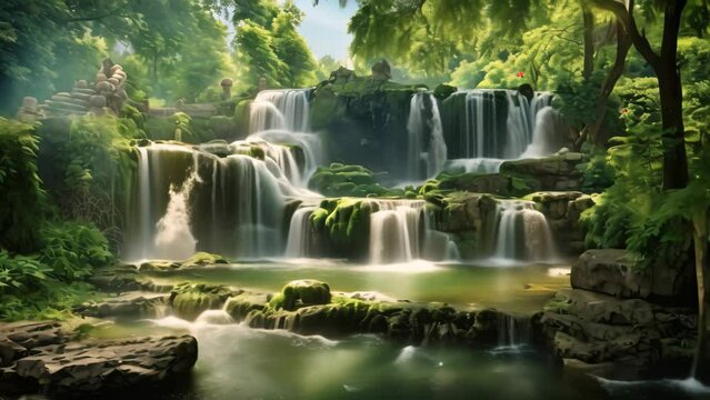 Beautiful waterfall in the park with blue water and green trees, A picturesque waterfall in the park, AI Generated