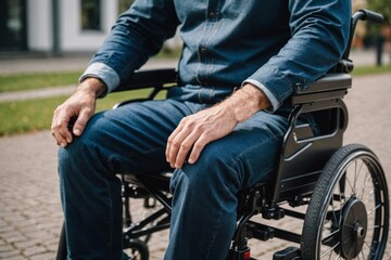 Obraz premium Close up shot of a man in a electric wheelchair