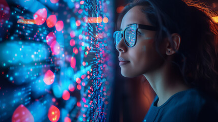 Woman wearing glasses looking at screen with colorful lights - obrazy, fototapety, plakaty