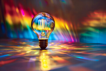 Using a Bulb to Photograph the Dispersion of Light Through Prisms or Reflective Materials, Expressing a Spectrum of Rainbow Colors. - obrazy, fototapety, plakaty