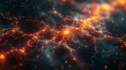 A stunning visual representation of a synapse in the cosmos, where electric orange impulses travel through a network of blue, mimicking the firing of neurons on a universal scale