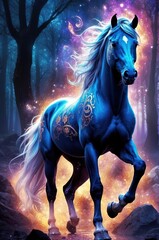 Horse in fantasy forest. Fantasy illustration of a beautiful horses. Generative AI.