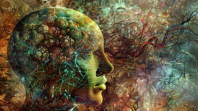 An image that presents a silhouette of a human profile enveloped in a fractal landscape, depicting the brain as a universe teeming with intricate patterns and neural pathways