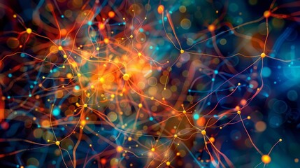 Digital art representing a neural network with glowing synapses, blending deep blues and warm oranges to symbolize complex brain activity - obrazy, fototapety, plakaty