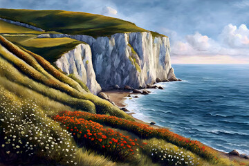 beautiful landscape painting of the cliffs of dover - grassy rocky bluffs over the sea beneath the cloudy sky on a brilliant summer day - stunning panorama vista seascape with poppies and white flower