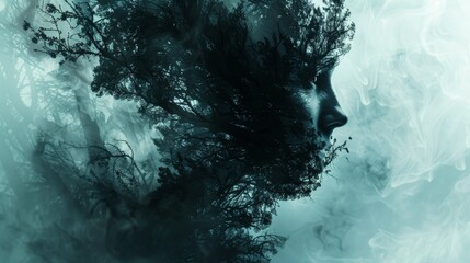 Surreal double exposure abstract composition, depicting the unsettling fusion of human form with ominous natural surroundings, ideal for horror-themed projects - obrazy, fototapety, plakaty