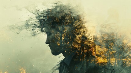 Surreal double exposure abstract composition, depicting the unsettling fusion of human form with ominous natural surroundings, ideal for horror-themed projects