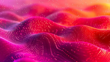 Digital landscape of glowing pink and red waves with particles.