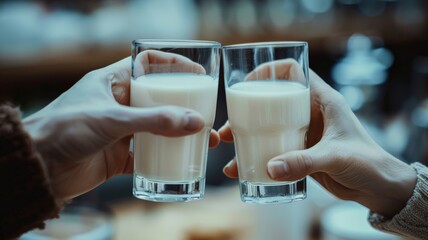 World Milk Day, Shot of two hands clinking milk glasses. - Powered by Adobe