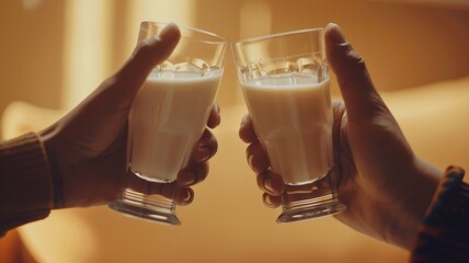 World Milk Day, Shot of two hands clinking milk glasses.