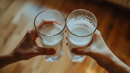 World Milk Day, Shot of two hands clinking milk glasses.