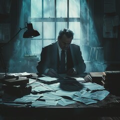 In a dimly lit room a weary detective sits at his desk pondering over evidence of a cold case with vintage newspapers strewn around The scene is captured in a painterly style emphasizing  - obrazy, fototapety, plakaty