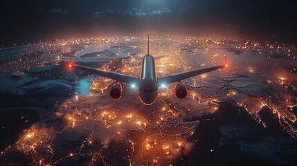 A commercial airplane flying over illuminated global maps at night. - obrazy, fototapety, plakaty