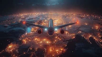 Foto op Plexiglas A commercial airplane flying over illuminated global maps at night. © LOPH Studio