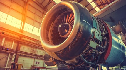 Close-up of a jet engine in an aircraft hangar with sunlight filtering through windows. - obrazy, fototapety, plakaty