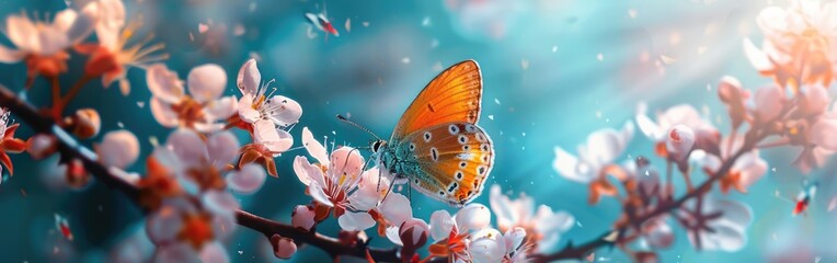 Springtime Delight: Butterfly and Blossom on Turquoise Blue Background - Top View Frame for Nature Background