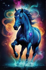Obraz na płótnie Canvas Black horse with a blue mane on the background of cosmic space. Generative AI.