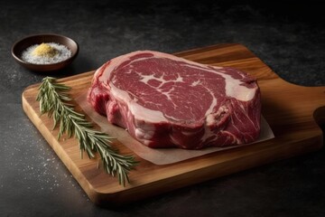 Raw Meat on Cutting Board With Rosemary Sprig