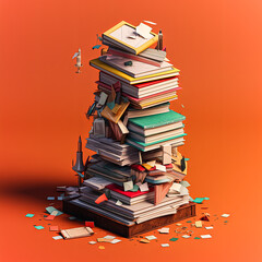 A stack of books is piled on top of each other, with a person standing on top of the pile. Concept...