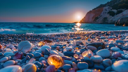 Rock and shellcovered beach glows at sunset by waters edge, under an azure sky