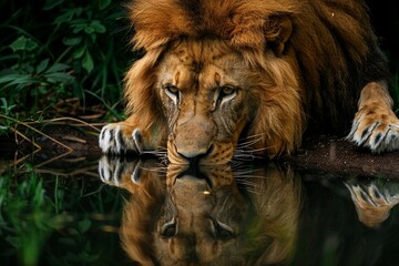a close up of a lion drinking water