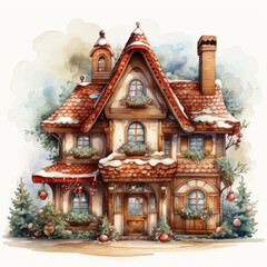 Fototapeta premium watercolor Kawaii Gingerbread House clipart, Generative Ai