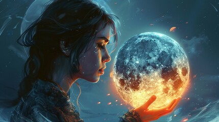 an asian girl with beautiful skin holding a float glowing moon