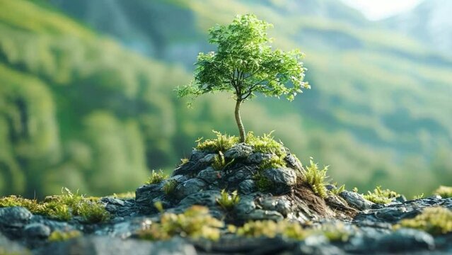 A small tree is growing on a rocky hillside 4K motion