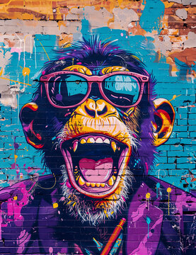 Fototapeta Crazy smiling monkey in graffity style