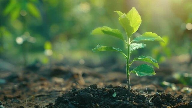 A small green plant is growing in the dirt 4K motion