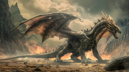 Majestic dragon roaring, hungry for confrontation in stone age landscape - obrazy, fototapety, plakaty