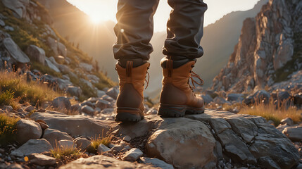 a hiker’s perspective, focusing on sturdy boots stepping onto a rocky mountain path with the warmth of the sunset ahead, suggesting the peace and solitude of a trek in the wilderness - obrazy, fototapety, plakaty