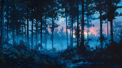 Mysterious forest at dusk, painted landscape with dark silhouette