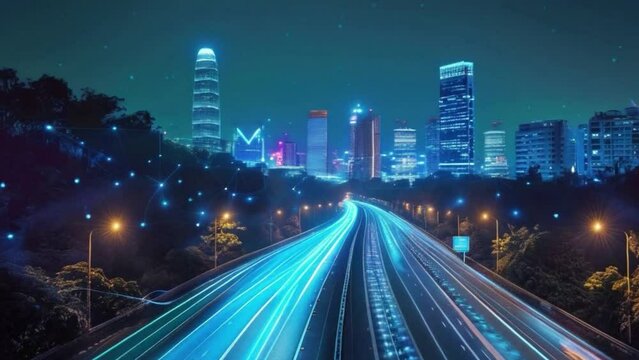 A city street at night with a blue sky and a city skyline in the background. The street is illuminated with lights and the cars are moving 4K motion