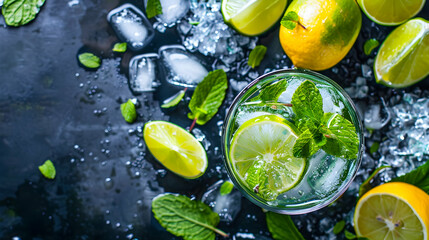 Refreshing mojito cocktail with lime, lemon slice, and mint leaf - obrazy, fototapety, plakaty