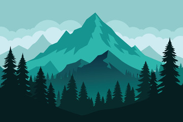 Realistic mountains landscape. Morning wood panorama, pine trees and mountains silhouettes. Vector forest hiking