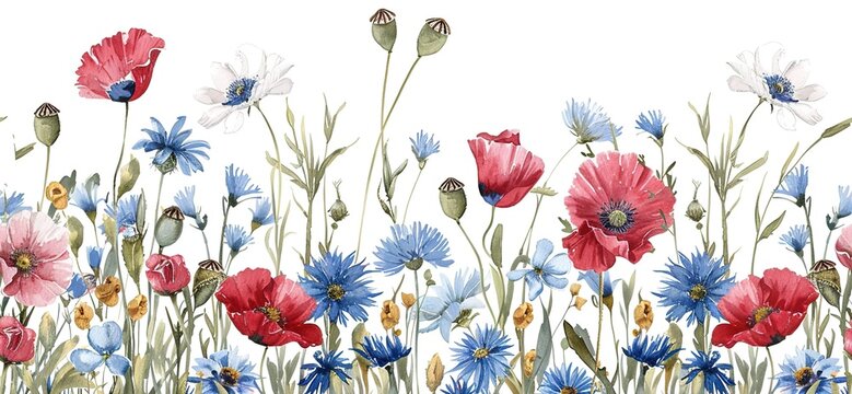 Seamless pattern of watercolor bright wildflowers. Botanical print poppies and cornflowers for fabrics, wallpaper or stationery. Spring and summer meadow array motifs perfect for home decor
