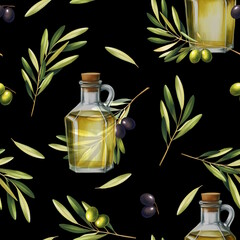 Seamless pattern with olives, oil bottle and leaves. For print, design, textile and background