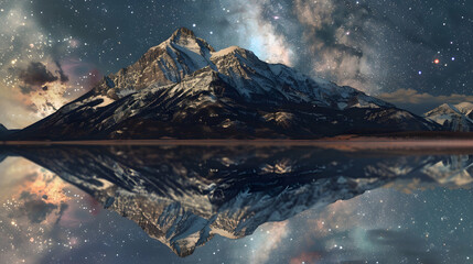 Tranquil mountain peak reflects galaxy in serene night landscape