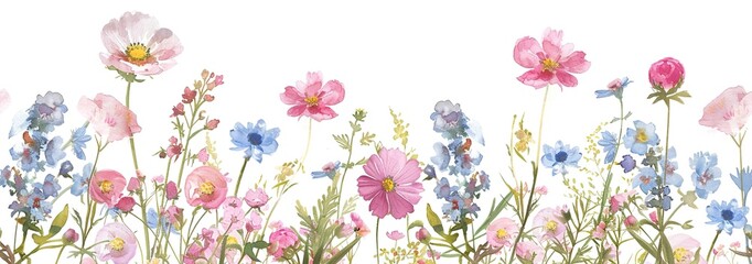 Obraz na płótnie Canvas Seamless pattern with delicate watercolor flowers. Botanical print of meadow scene of blooming wildflowers ideal for textiles, wallpapers or eco friendly packaging. Artistic botanical illustration