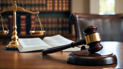 a close-up of a wooden judge's gavel and a sound block on a polished desk, with the iconic scales of justice in the background, symbolizing law, authority, and fairness - obrazy, fototapety, plakaty