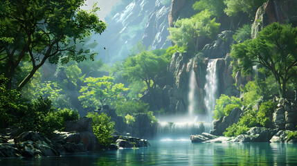 Tranquil scene flowing water, green trees, and rocky cliffs - obrazy, fototapety, plakaty