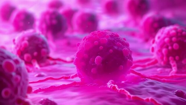 A close up of a bunch of red cells with a pink background. The cells are clustered together and appear to be in a state of growth 4K motion