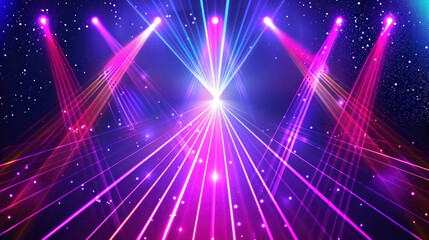 Abstract bright neon laser show, background with spotlights, with different stripes. Colored lights background for nightclub or disco show, stage or poster