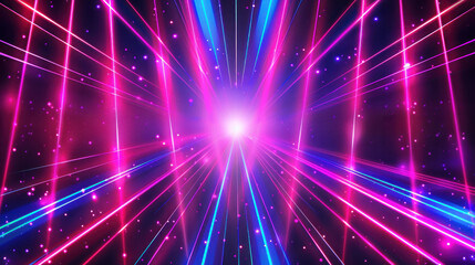 Abstract bright neon laser show, background with spotlights, with different stripes. Colored lights background for nightclub or disco show, stage or poster