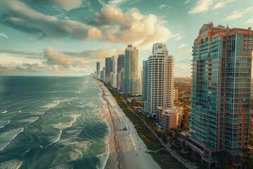 high-end buildings in Miami Beach, view from the sky, luxury real estate photography Generative AI - obrazy, fototapety, plakaty