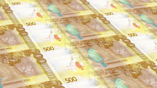 Philippines Philippine Peso 500 Banknotes Money Printing House, Printing Five Hundred Philippine Peso, Printing Press Machine Print out Philippine Peso, Being printed by currency press machine 500