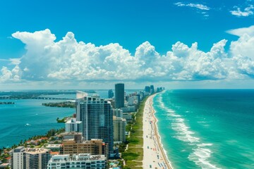 Aerial view of luxury buildings in Miami Beach, high rise apartment complexs and skyscrapers overlooking the ocean with blue sky and white clouds Generative AI - obrazy, fototapety, plakaty