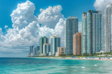 Naklejka premium In the heart of sunsh plaster Miami, a stunning view unfolds as luxury highrise buildings stand tall against the backdrop of pristine beaches and azure waters Generative AI